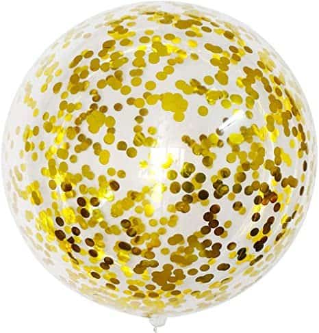 Златни конфети в прозрачна балон сферична форма за празнична украса и тържества. Перфектни за весели събития, партита и специални поводи, създаващи настроение и празнична атмосфера.