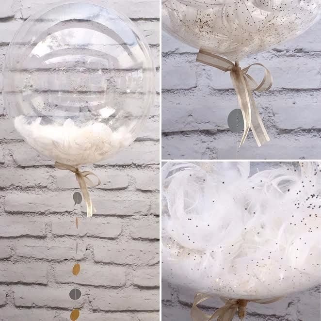 прозрачен балон с ленти и конфети за парти декорация, пердечен с лента и златисти дискове, перфектен за празнични събития и партита.