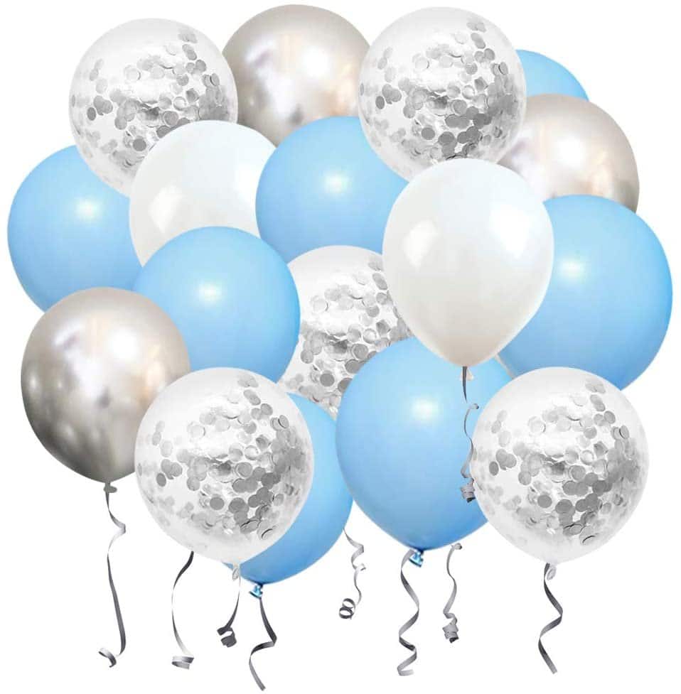Бели, синьо и сребърни балони за партита, конфети и празненства, украса за специални събития, балони за рожден ден, бляскава украса за тържества, Party Deluxe.