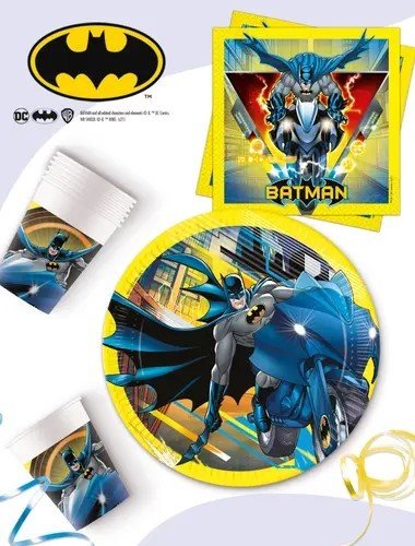 Яка еластична, героична батман тематична почерпка за детско парти, включва хартиени чинии, чаши, прилепващи картинки и свещички за торта. Перфектна за празнични дни и тематични събития.
