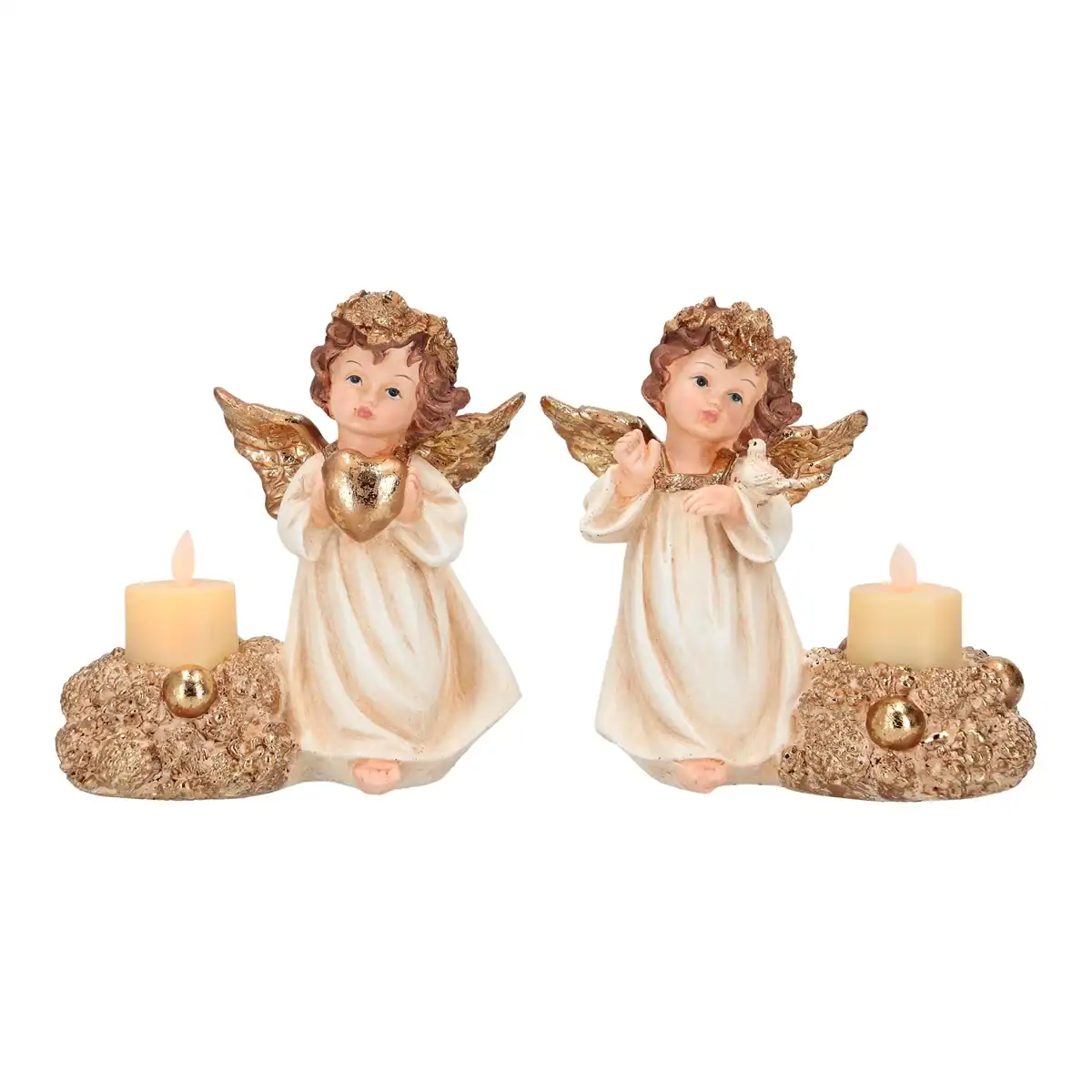 Релефна статуетка на ангели с свещи, подходяща за украса на сватби, Рождество и други празнични събития. Златисти и бежови тонове, символизиращи мир и духовност.